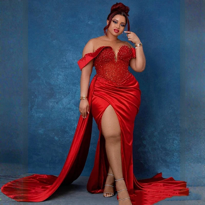 Plus Size Prom Dresses Special Occasions Sheer Neck Evening Formal Dress High Split Beaded Sequined Lace Birthday Gowns