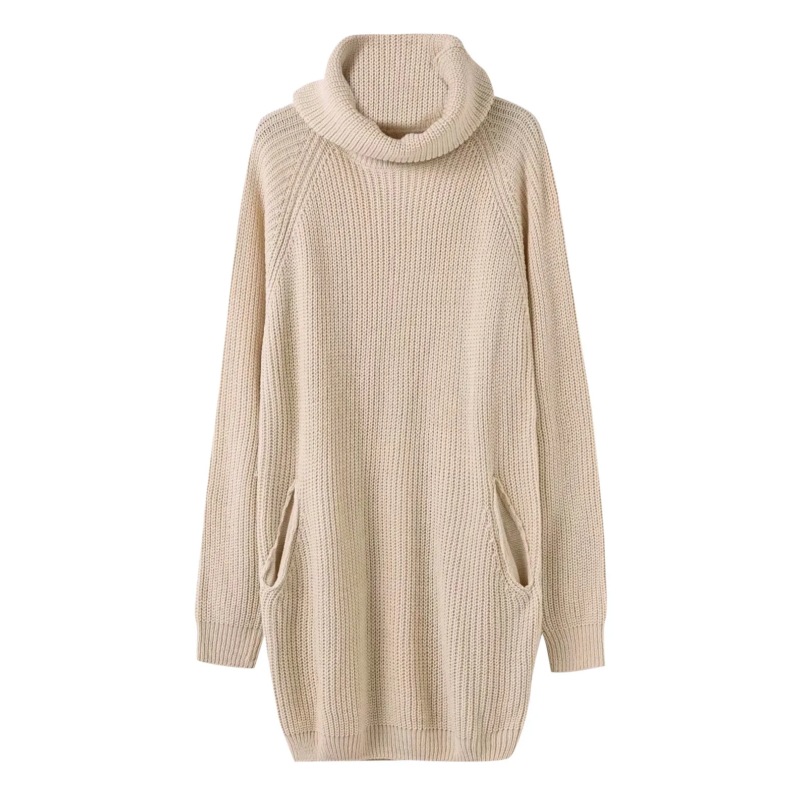 Turtleneck Long Sleeve Sweater Dress Casual Solid Pockets Knitted Dresses Women Fall Winter Loose Long Tunic Warm Pullover Robe