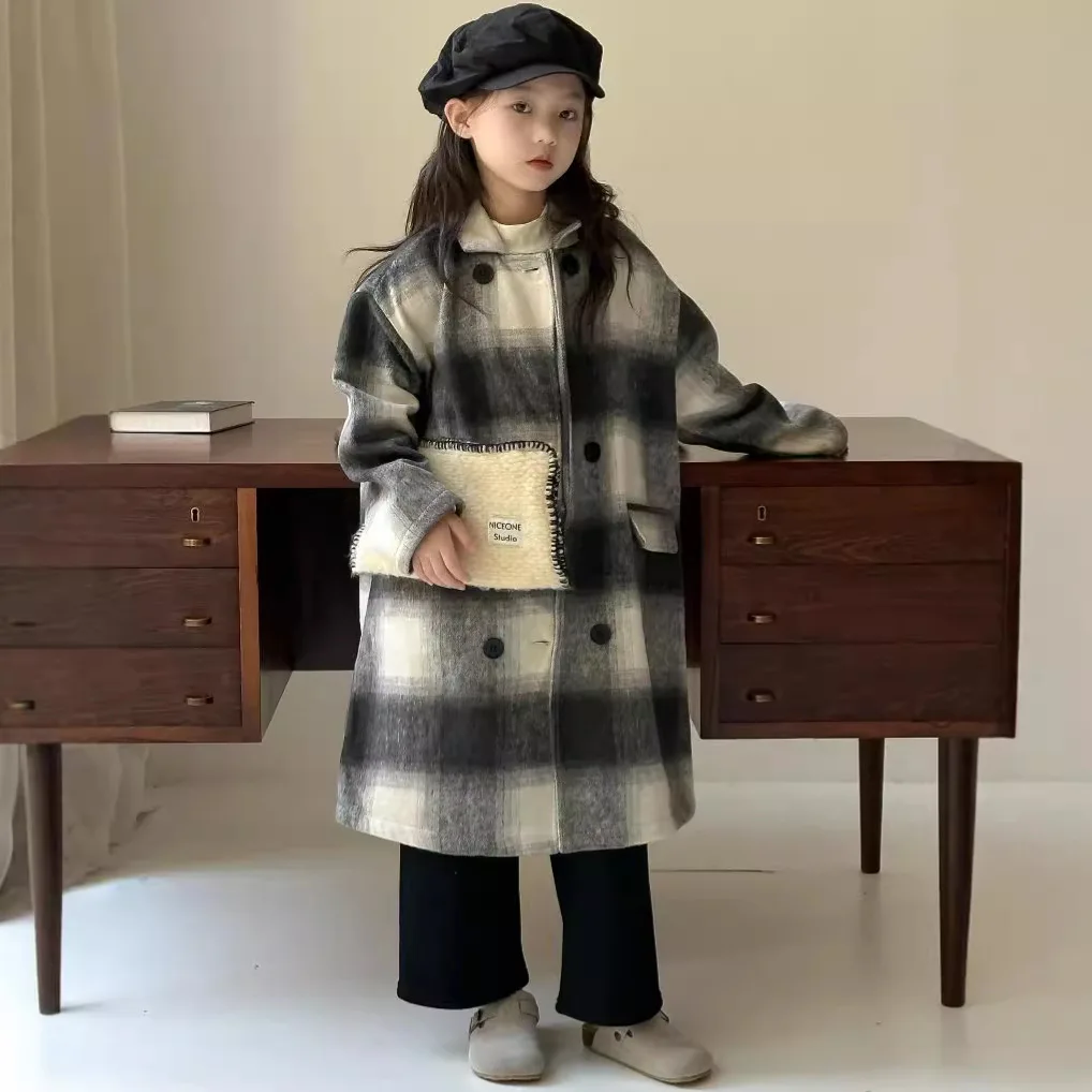 Girls Coat 2024 Autumn Winter Korean Girls Checkered Lapel Long Woolen Coat Neutral Style Children Loose Woolen Coat Fashion