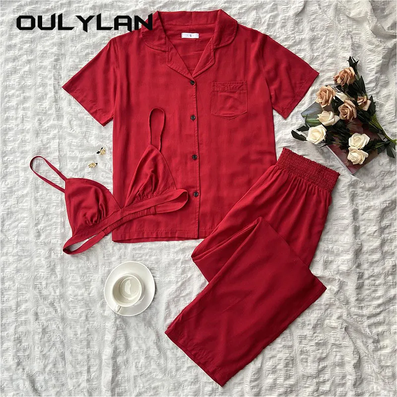 

Short Sleeve Buttons Cardigan Top & Pants Summer Short Sleeved Cardigans Pants Bras Set 3PCS Sleepwear for Women