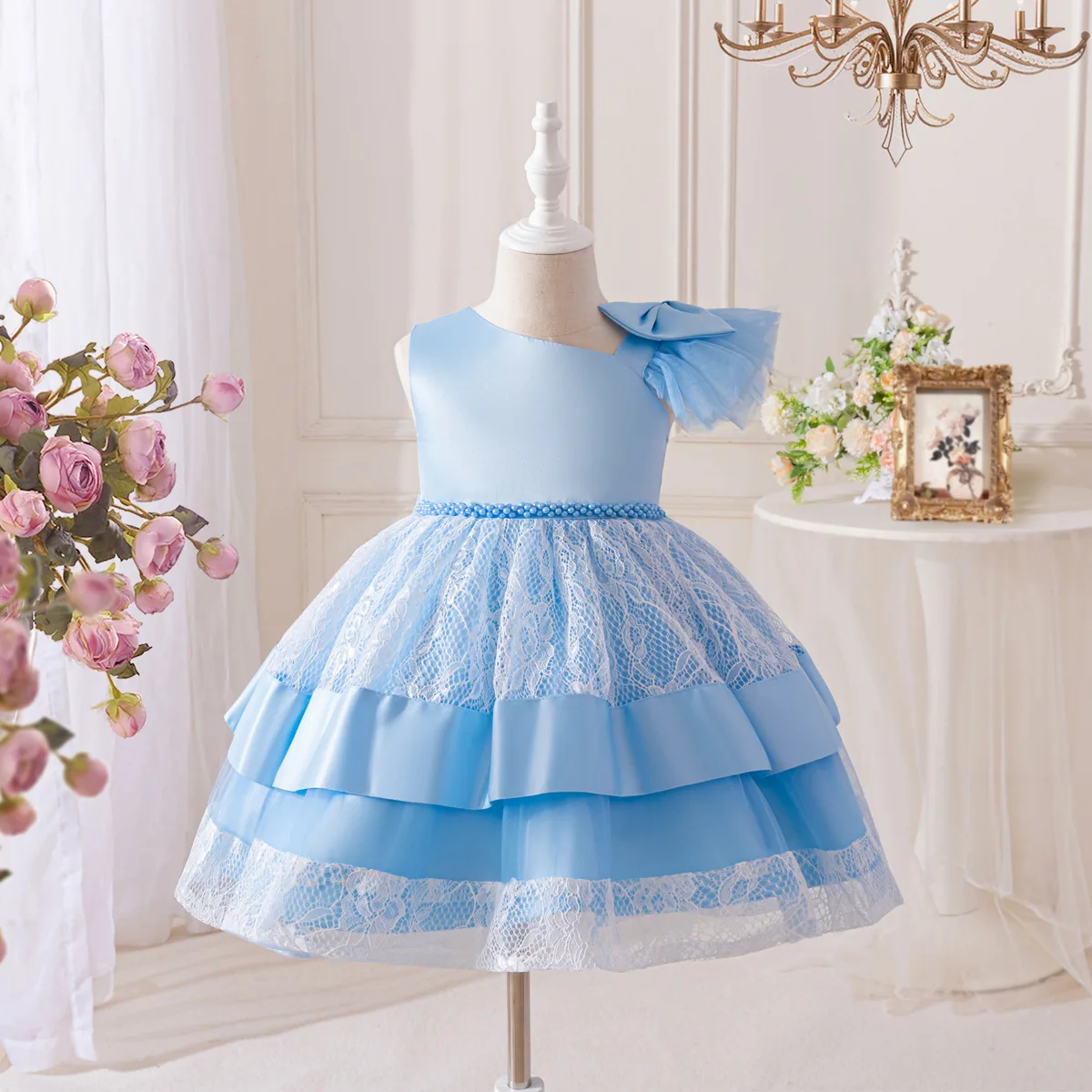 

Summer New Children's Wedding Dress Summer Girls' One Shoulder Performance Princess Pong Short Skirt