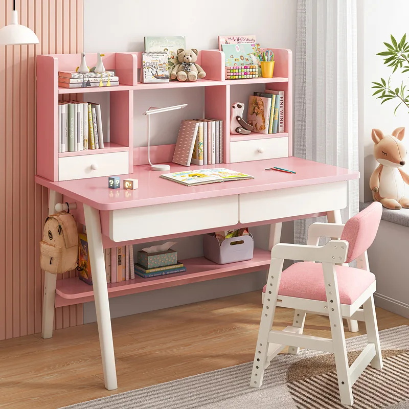 Study desk, solid wooden legs, desk, bookshelf, integrated desk, primary school student household writing desk, girl desk