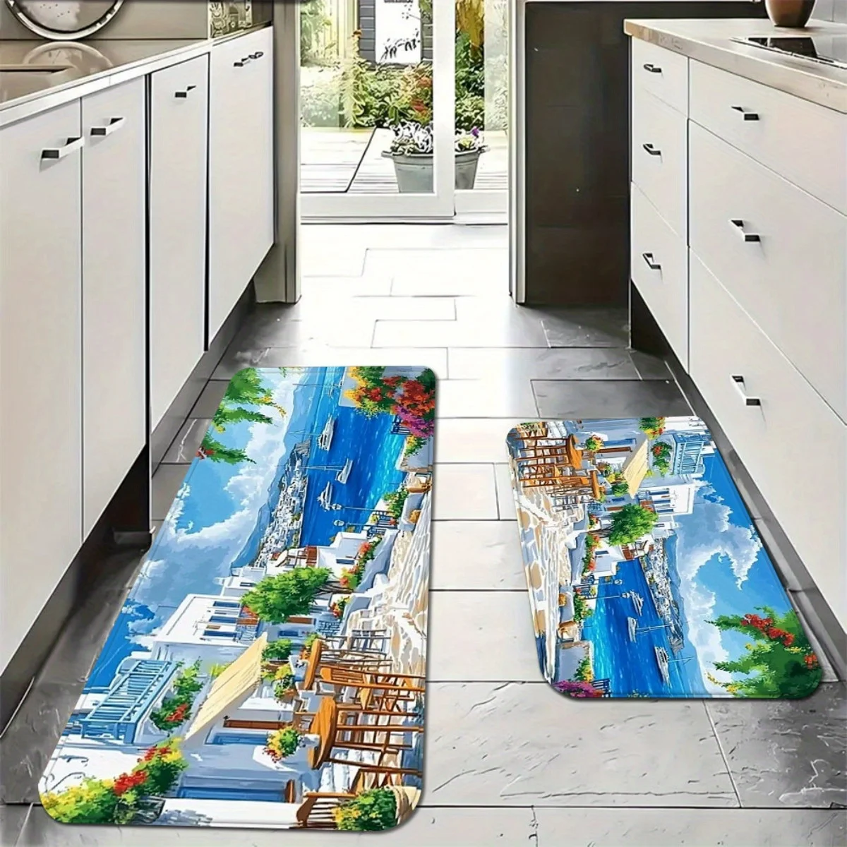 Decorative Mediterranean Greek Santorini Coastal Doormat Mat Entryway Welcome Rug Waterproof Indoor Floor Runner Seaside Nautica