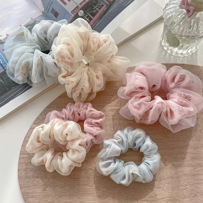 Fotografia 4: Elástico de Cabelo Grande com Laço Duplo de Tela Estilo Francês para Meninas, com Flores e Laço Grande de Tecido para Coque