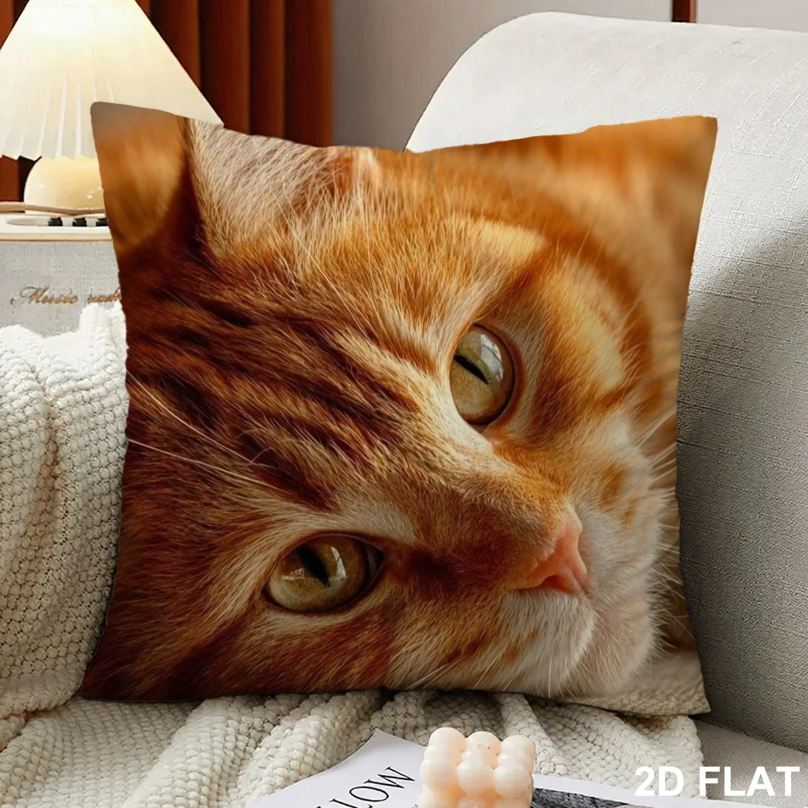 1pc Pillowcase Orange Cat Pattern Pillowcase Soft And Smooth Polyester Short Plush Fabric Single-Sided Printing Pattern 45Cm*45C