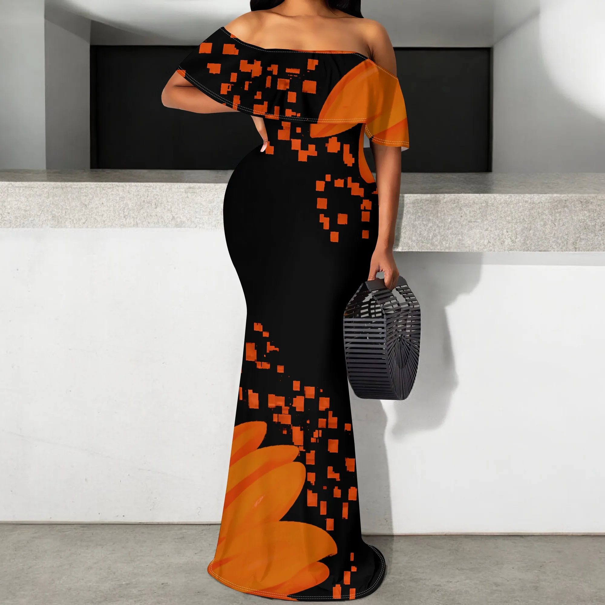 

Women's Orange & Black Off Shoulder Maxi Dress 2025 New African Style Mermaid Bodycon Long Dress for Party S-3XL