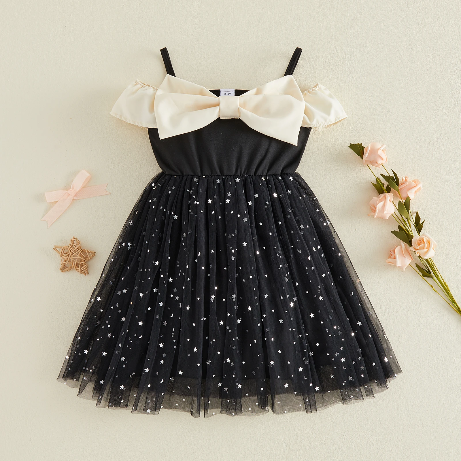 3-10Y Summer Kids Girl’s Slip Mesh Dress Sleeveless Bow Shiny Stars Tulle Princess Party Dresses With Big Bow