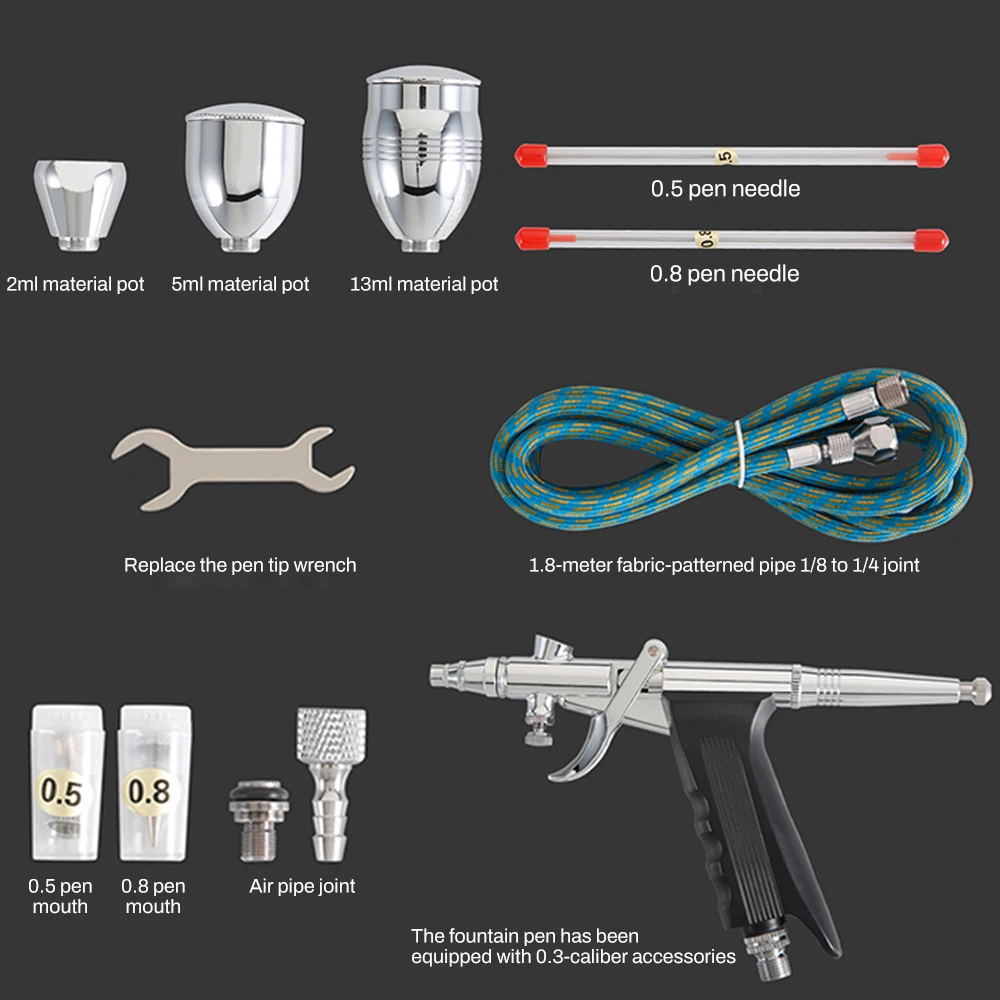 

Professional Airbrush Kit 0.3/0.5/0.8mm Nozzle Needle Accessories Suitable for Nail Art Tattoo Car Model Spray Painting
