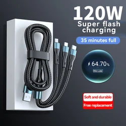 120W 5A 3 In 1 USB 고속 충전 케이블 Realme 용 마이크로 USB 유형 C 케이블 데이터 코드 Samsung Huawei P50 전화 USB 충전 케이블