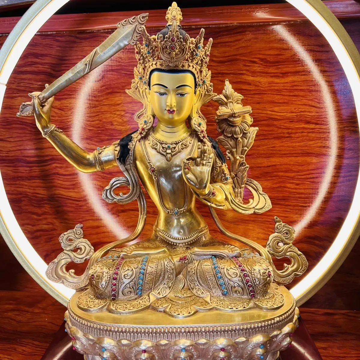 Manjushri Bodhisattva boutique craftsmanship pure copper gilt Buddha statue household ornament one foot two bronze statue