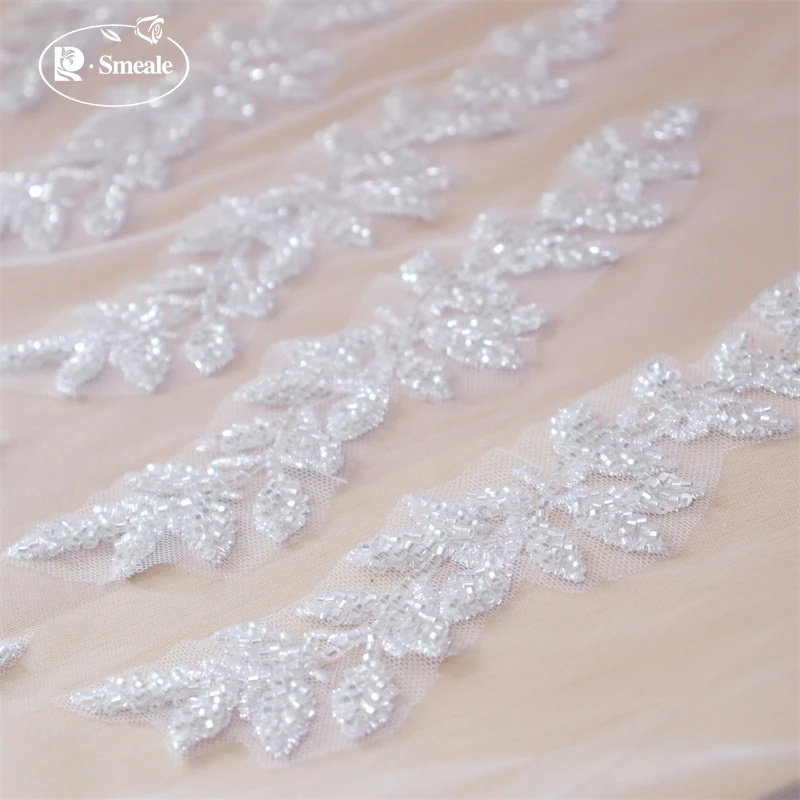 10 Stück. Silberne Perlenblumenblätter Stickerei-Applikation, Hochzeitskleid Kopfschmuck Spitze Spiegelblume RS253012 – Detail 5
