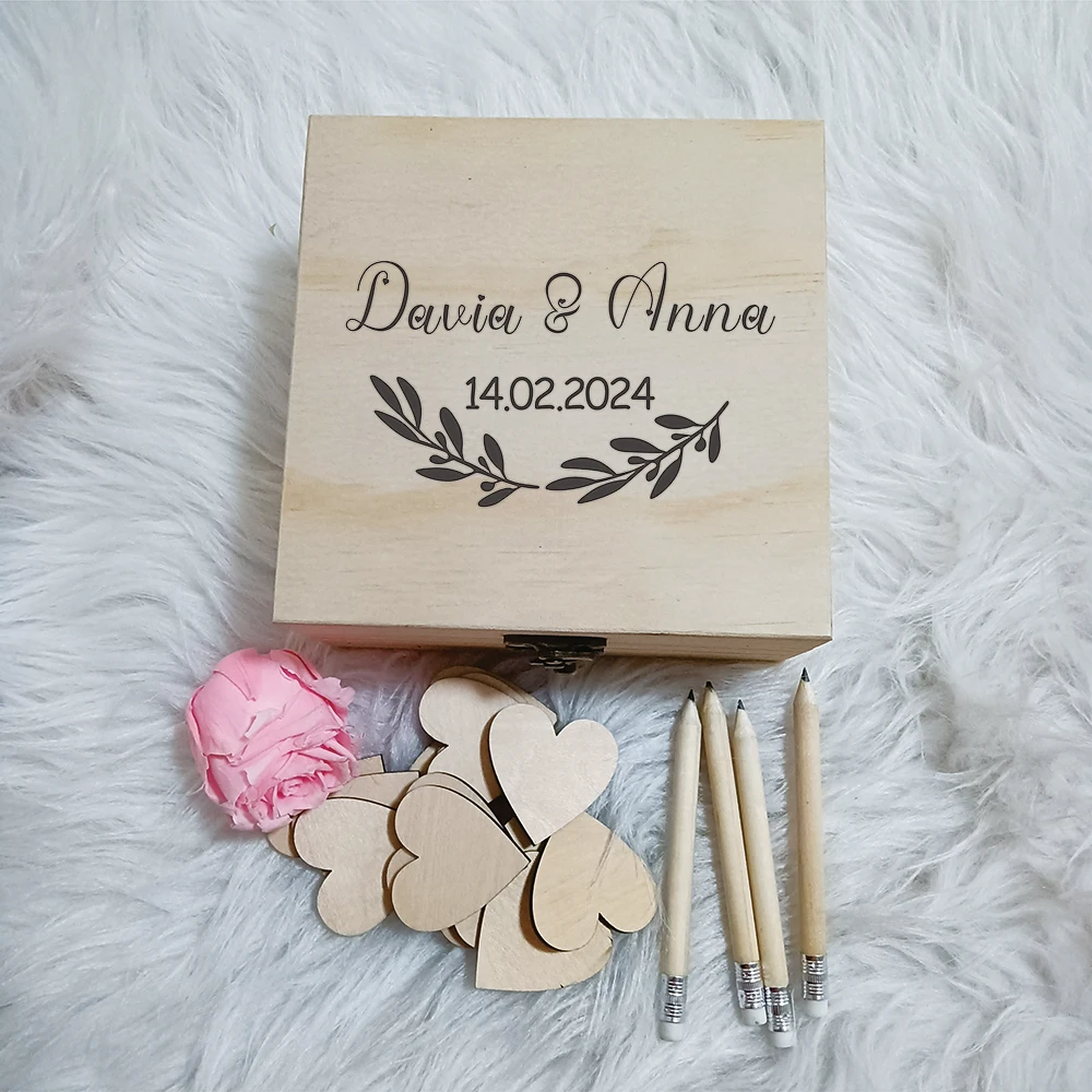 Personalized Wedding Guest Book with Hearts,Rustic Keepsake,Wedding Attendance Book, Custom Engraved Name Date Wooden Guest Book