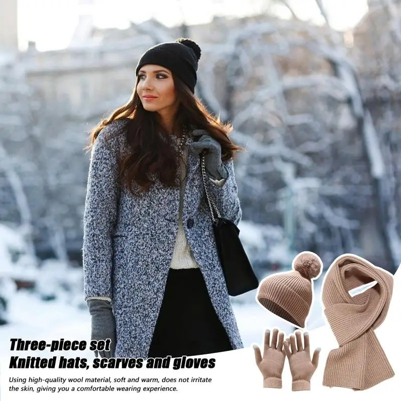 Hat Scarf Gloves Set Women Women's Knitted Hat Womens Winter Hats Gloves Set Stocking Stuffers For Travel Walk Shopping