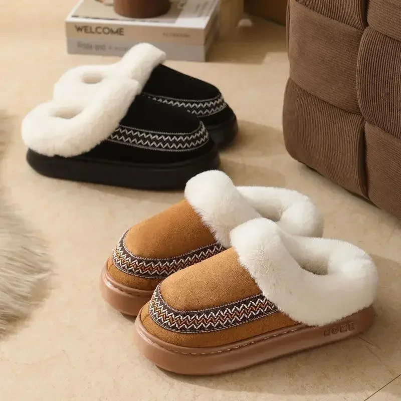 Damen-Hausschuhe aus Kunstwildleder, dick, warm, lang, mit Plüschfell, Winter-Plateau-Schneestiefel für drinnen und draußen, bestickte Herren-Mules-Schuhe – Detail 3
