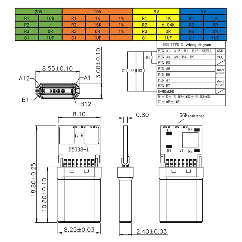 Placa de señuelo de carga rápida 5A PD/QC, 5V, 9V, 12V, 15V, 20V, módulo PD 2, 3,0, Cable de disparo de CC, USB tipo C, enchufe macho, Conector de