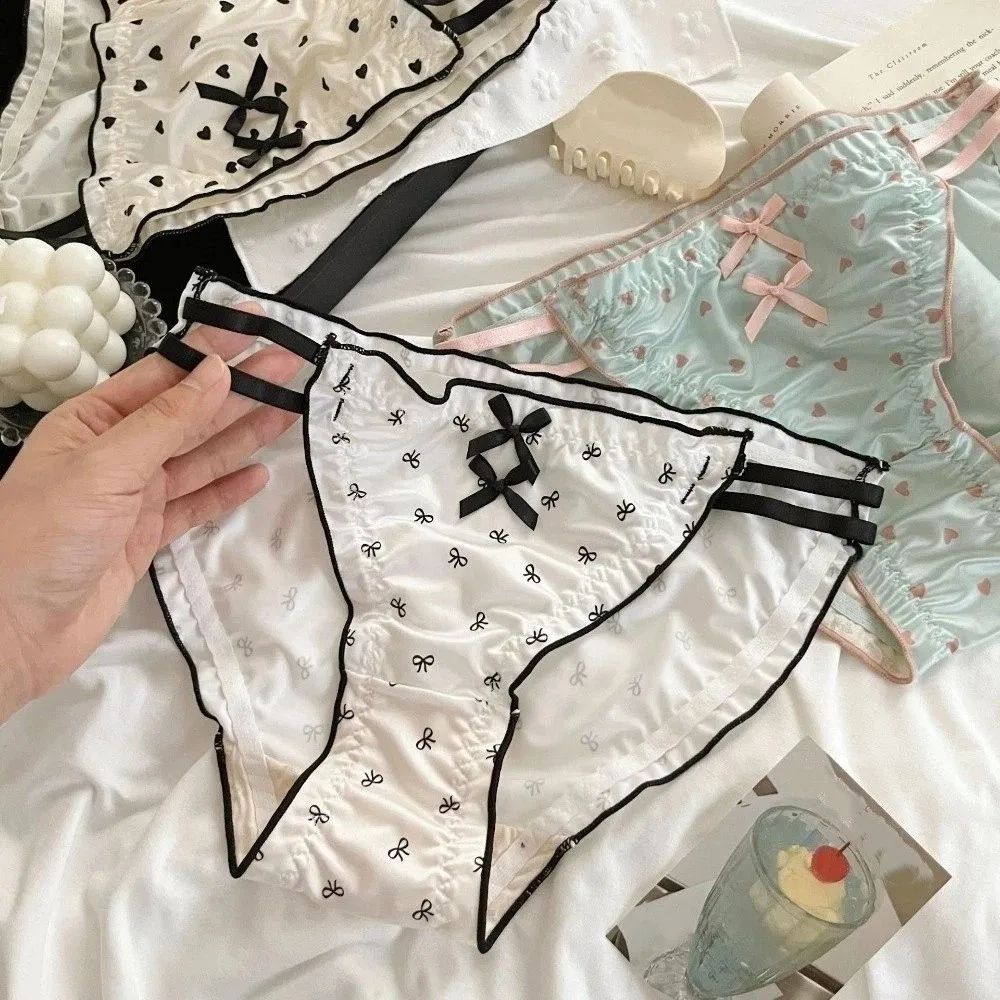 Lingerie Ruffle Satin Silk Panties Love Heart Leopard Print Underwear for Women Low Waist Hollow Sweet Bow Briefs Lady