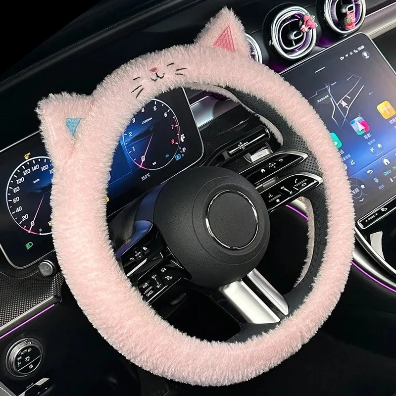 Adorable Plush Kitten Steering Wheel Cover -Warm, Cozy & Non-Slip with Embroidery, Fits 15-Inch Wheels
