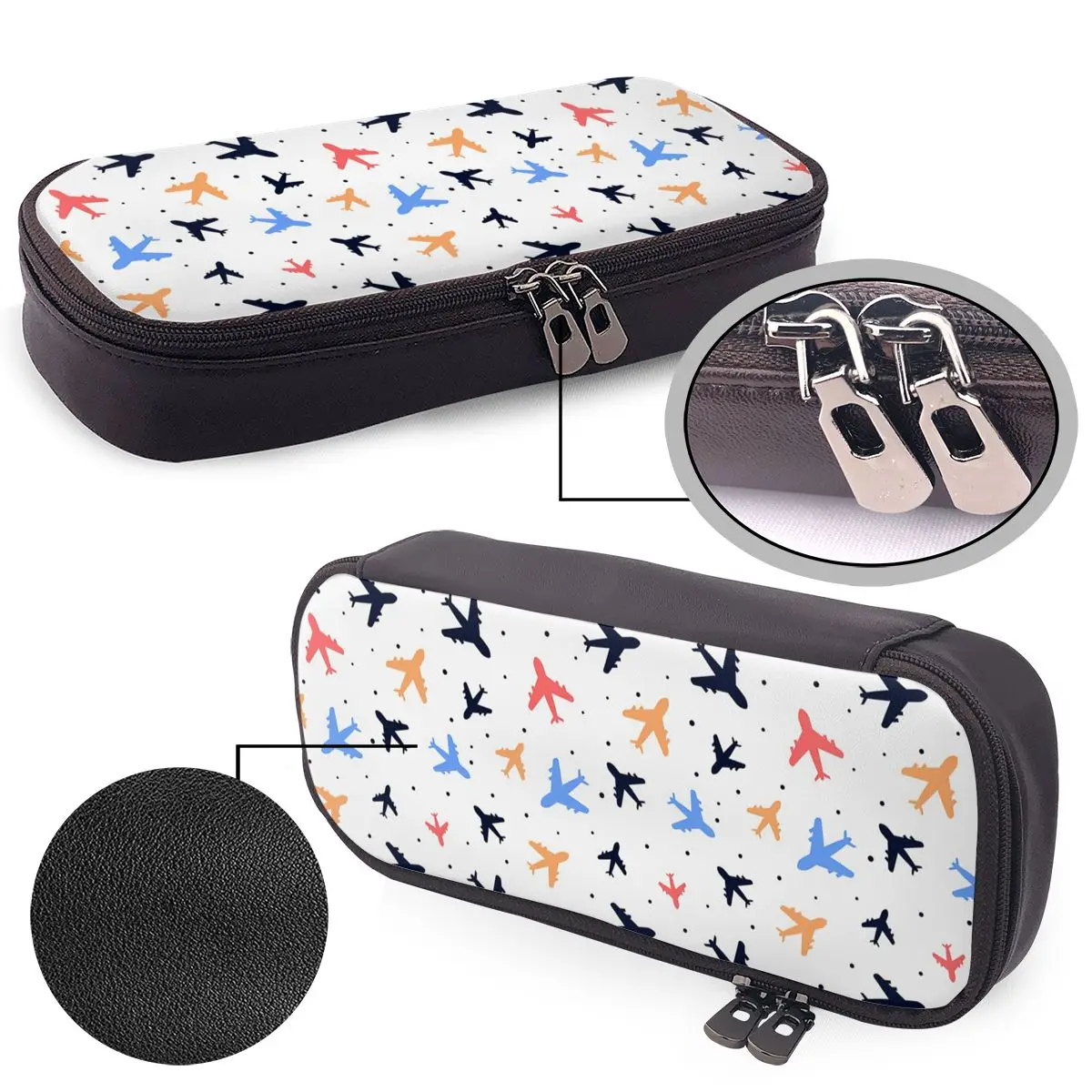 Random Airplanes Pattern Aviation Fighter Pilot Leather Pencil Case for Students Gifts Pen Box Pencil Bag Stationery Supplies