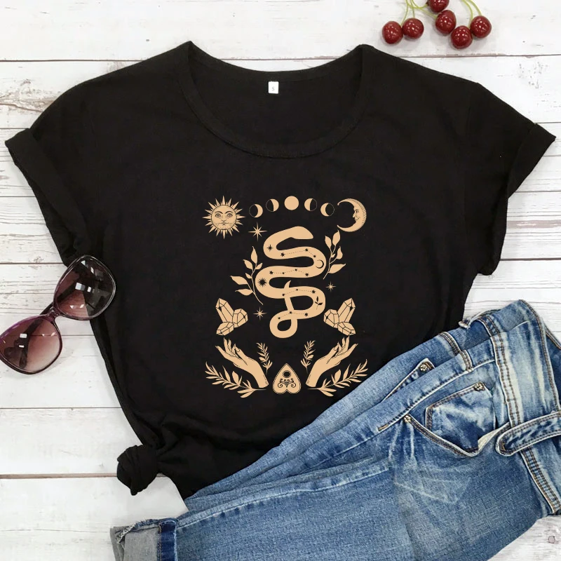 

Celestial witchy snake tshirt Aesthetic women short sleeve witch vibes tee shirt top