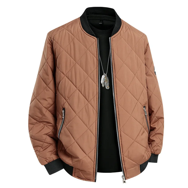 

Men Jacket Winter Thicken Fleece Solid Color Grid Male Baseball Uniform Stand Collar Long Sleeve Loose Daily Man Outerwear