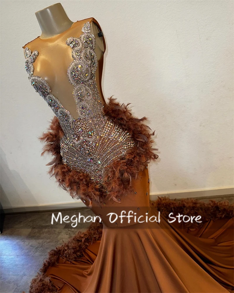 Brown Long Prom Dresses For Black Girls Bead Crystal 2024 Birthday Luxury Dress Feather Graduation Gown Customized