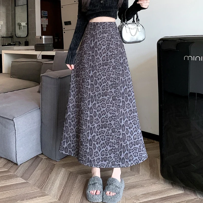 Leopard Print Women Skit Korean Fashion Clothing High Waist Skirt Fall Winter Thick Velvet Long Skirt Vintage Skirts for Women