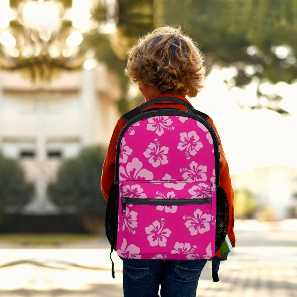 男の子用防水大学バックパック、明るいピンクのハイビスカス、ハワイアンフラワーアロハ、大容量、新品、17インチ  