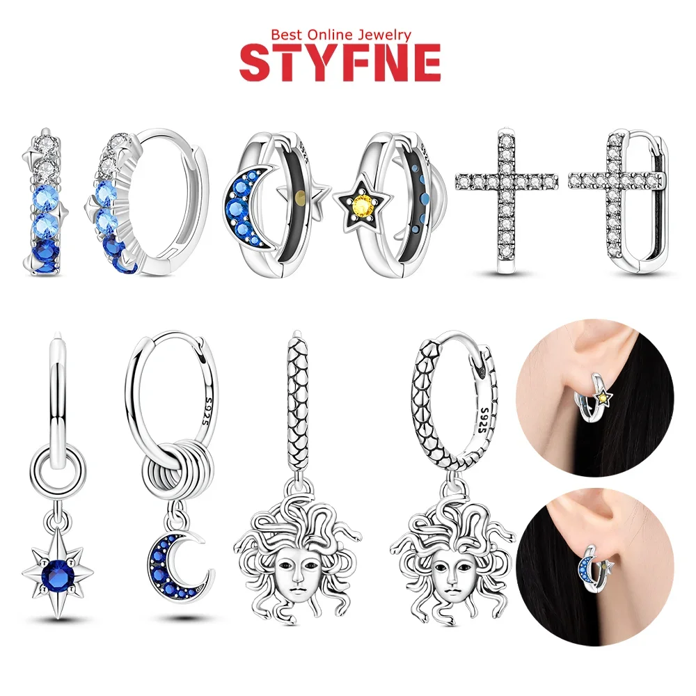 Original S925 Silver Blue Zircon Star Moon Hoop Earrings Cross Medusa Earrings for Dating Party Holiday Women Jewelry Gift