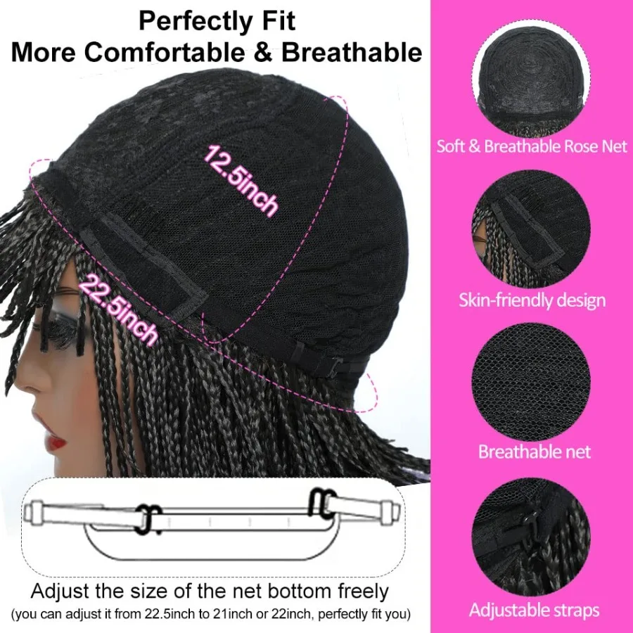 شعر مستعار مضفر بدون عقدة للنساء السود ألياف مقاومة للحرارة ناعمة اصطناعية قصيرة بوب صندوق شعر مستعار مضفر مع الانفجارات الأمريكية الأفريقية