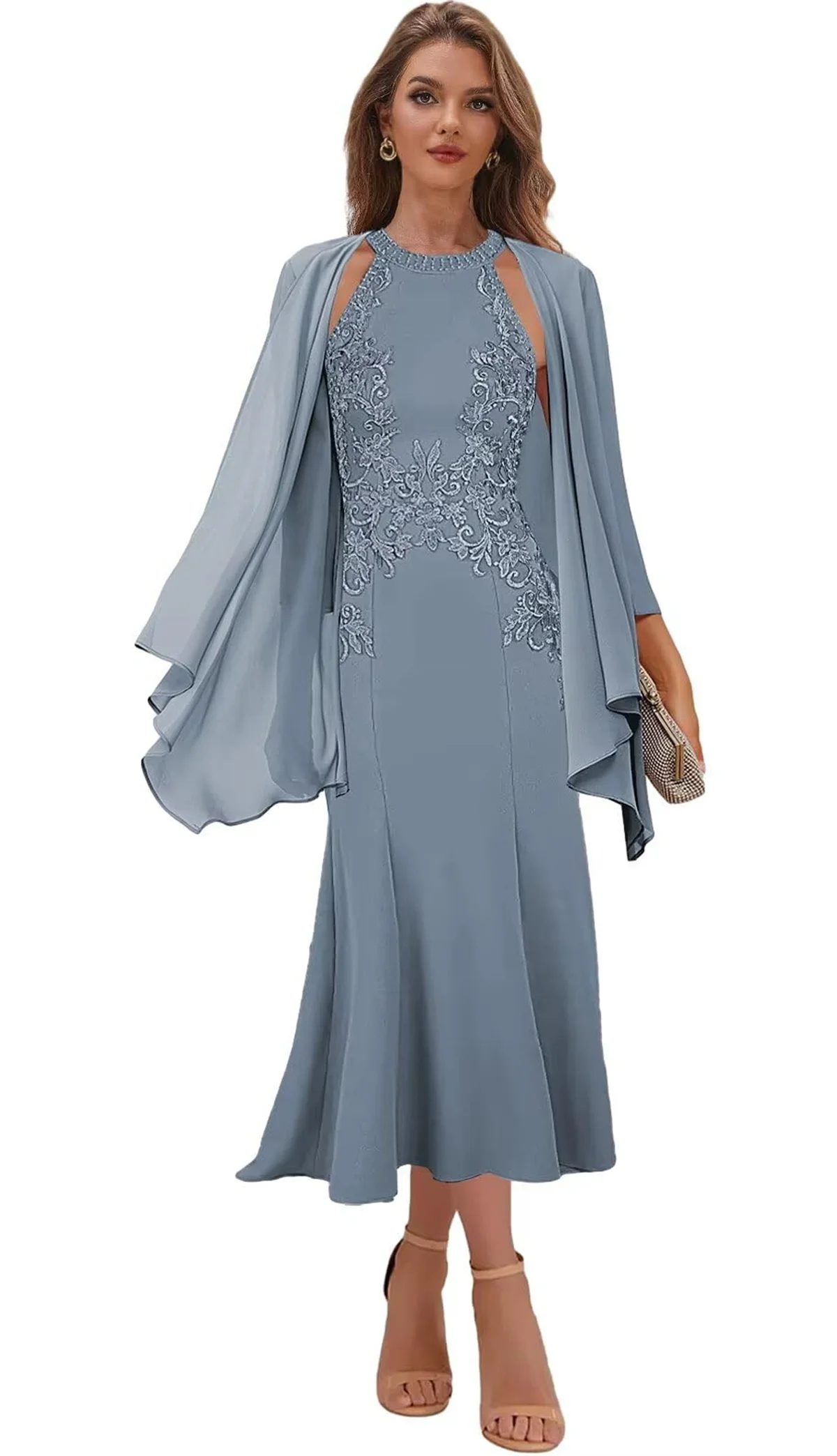 

Customized 2 Pieces Mother Of The Bride Dresses With Jacket For Women Tea Length Halter Sleeveless Mermaid Formal Evening Gowns