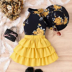 MiniFox 3pcs Children's Clothing Girls Outfit Sets Halter Neck T-shirts and Cake Skirts+Hat 2024 Kids Summer Sets For Girls