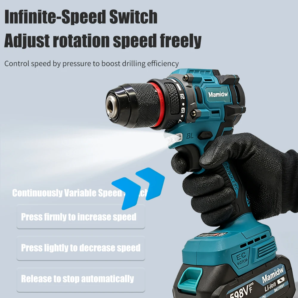 Mamidw 85N.M brushless electric drill, ergonomic design, durable structure, drilling machine,For Makita 18v Battery PIN
