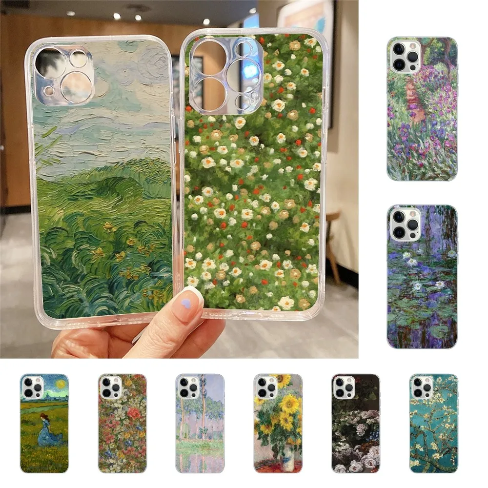 Van Gogh Monet Oil Painting Phone Case For Iphone 15 11 13 14 Pro Max 7 8 Plus X Xr Xs Max Se2020 12mini Transparent Cover