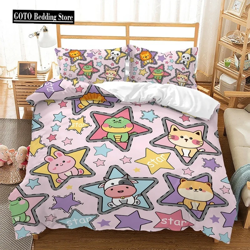 

100% Bamboo Fiber Bedset Print Star Cow,Rabbit, Kitten Rainbow Princess Pink Purple Comforter Cover Set for Girls Kids Boy Teen