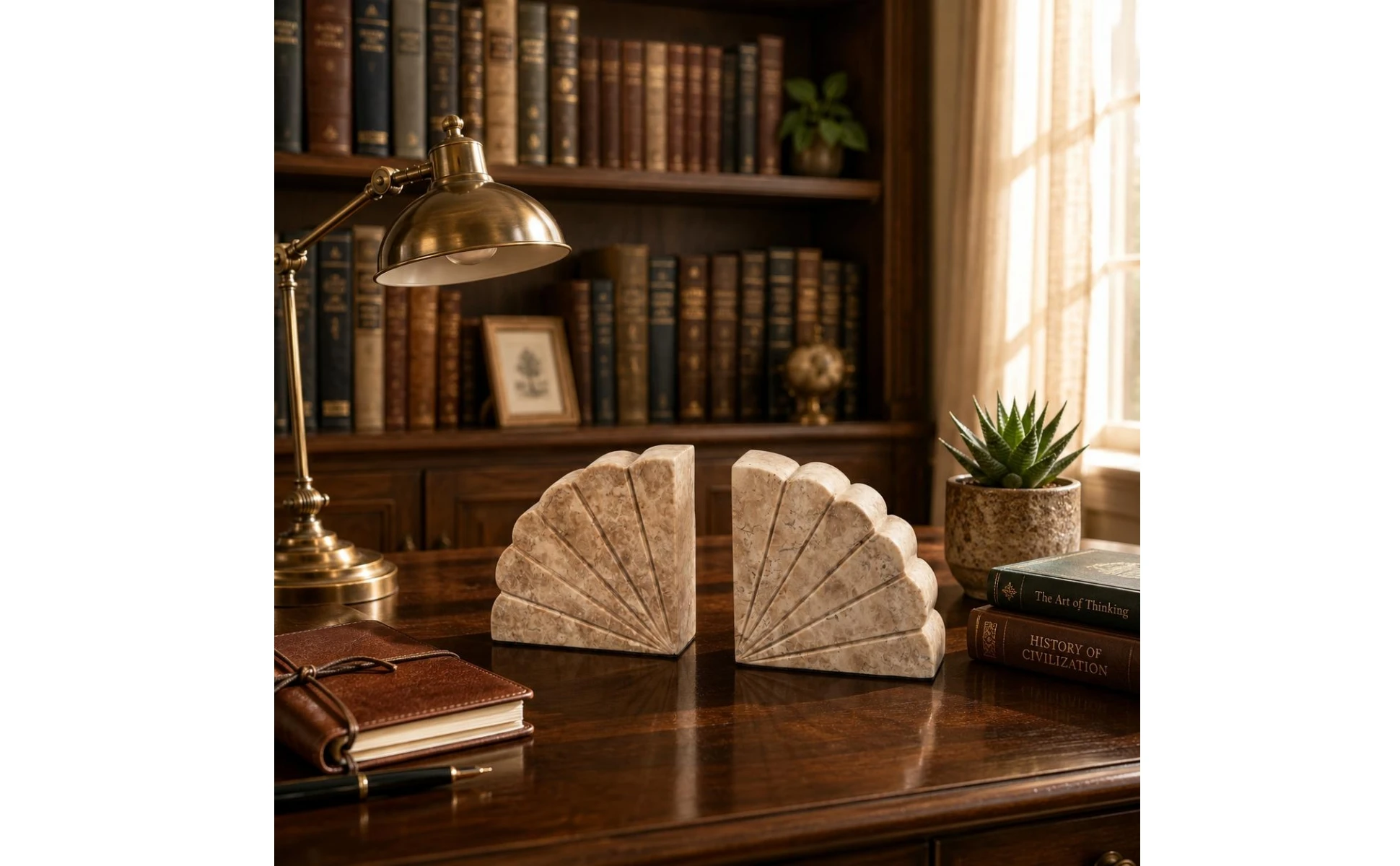Marbled Shell-shaped Bookends Stable Base Artisan Crafted Neutral Shelf Support for Home and Office Organization