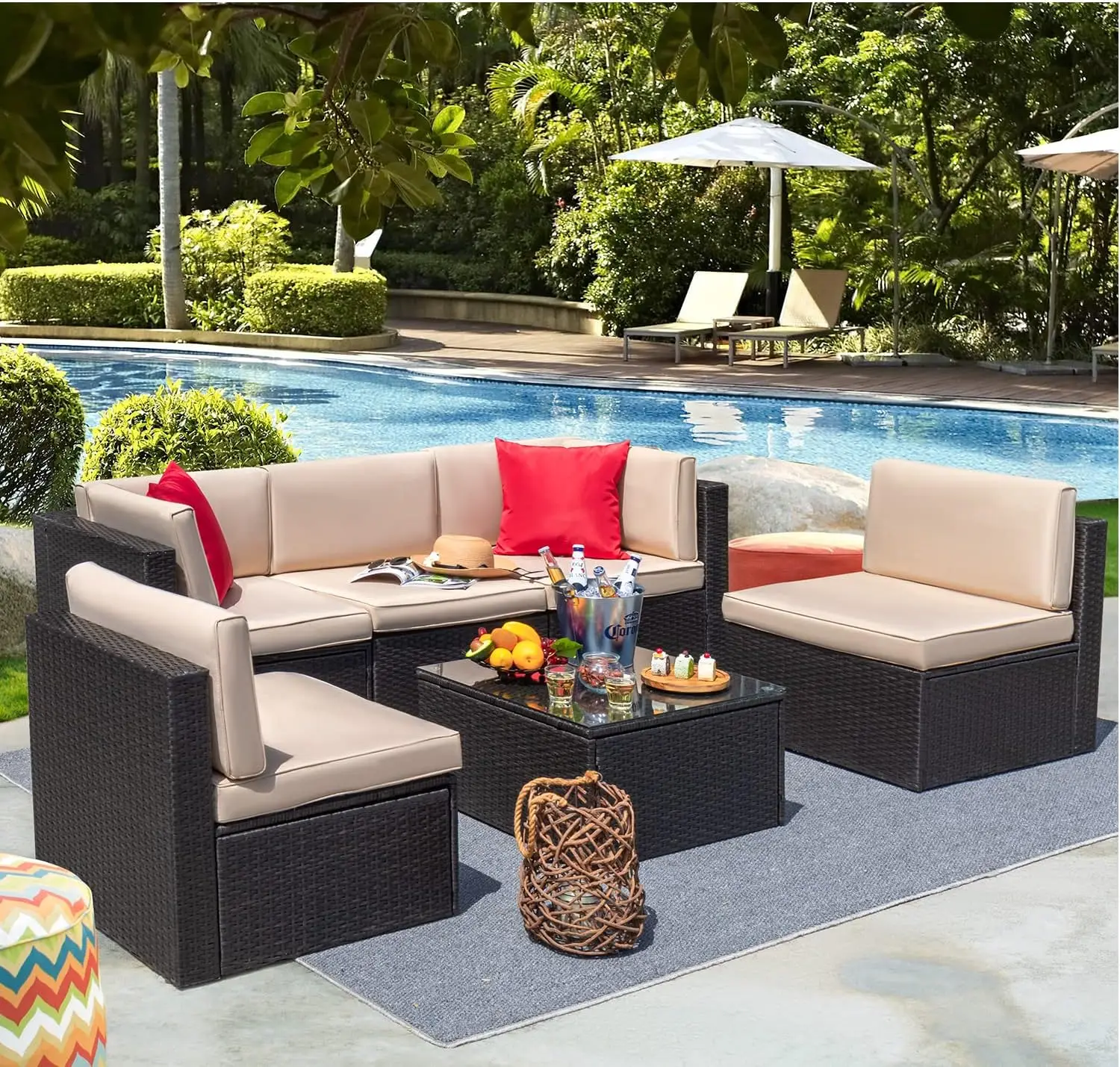 Patio Furniture Sets 6 Pieces Outdoor Sectional Rattan Sofa Manual Weaving Wicker Patio Conversation Set with Glass Table