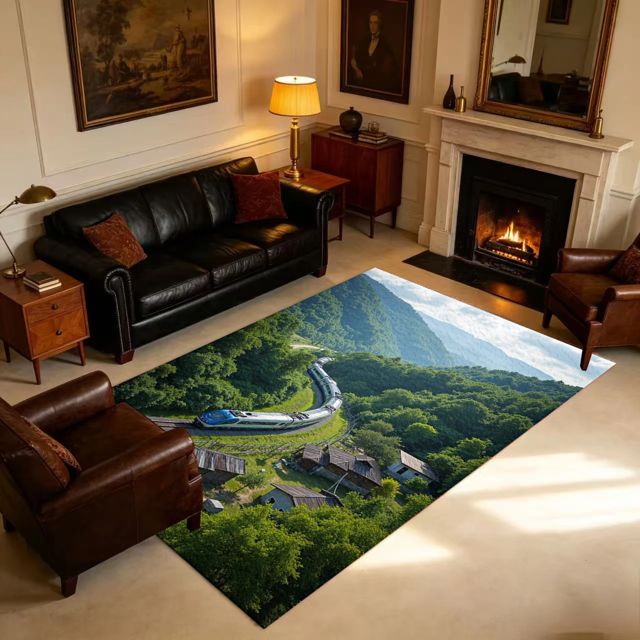High Angle View Train Running through Green Mountain Forest Village Carpet Flooring Anti‑Slip Floor Rug