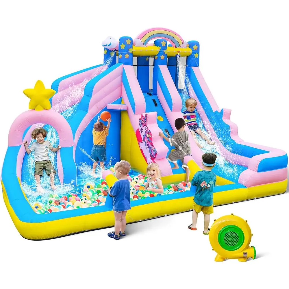 منزلق مائي Iatable: 6 في 1 Bounce House Water Park للأطفال - حوض سباحة للتسلق على الحائط 2 مدفع مائي 2 حافة كرة السلة -