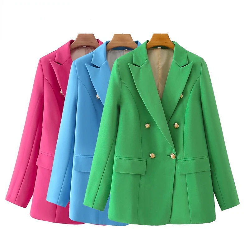 TRAF Women Fashion Double Breasted Candy Color Blazer Coat Vintage Long Sleeve Flap Pockets Female Outerwear Chic Veste