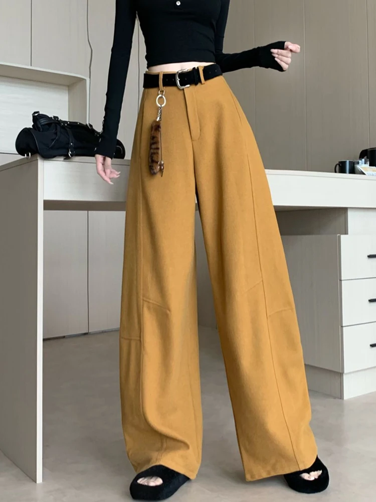 Traje Retro, pantalones de pierna ancha para mujer, diseño de otoño e invierno, pantalones con cuchillo curvo de pierna recta sueltos informales de cintura alta