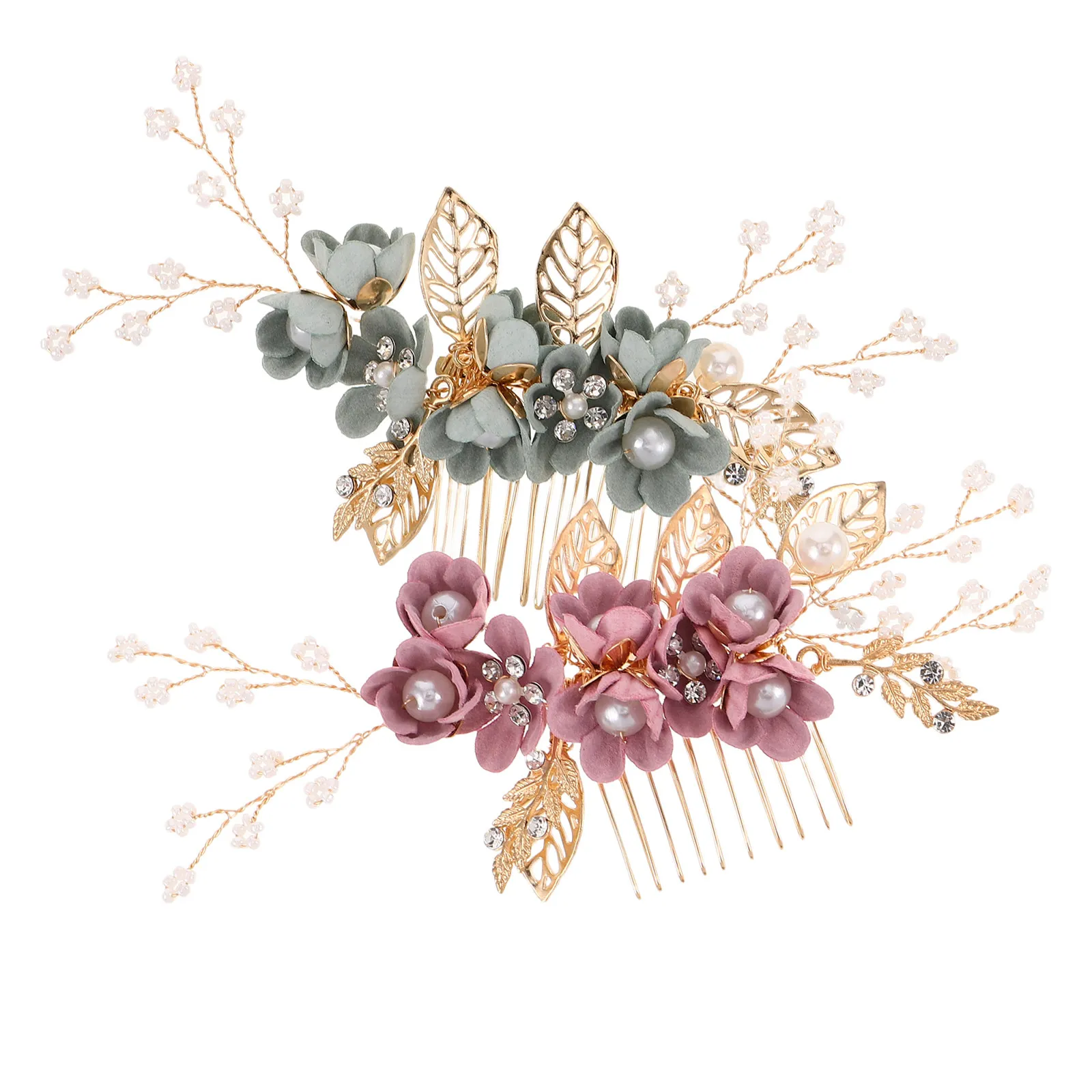 

2Pcs Bridal Wedding Hair Comb Floral Pearl Rhinestone Leaf Handmade Elegant Hair Accessories Wedding Party Hairpiece Bridal