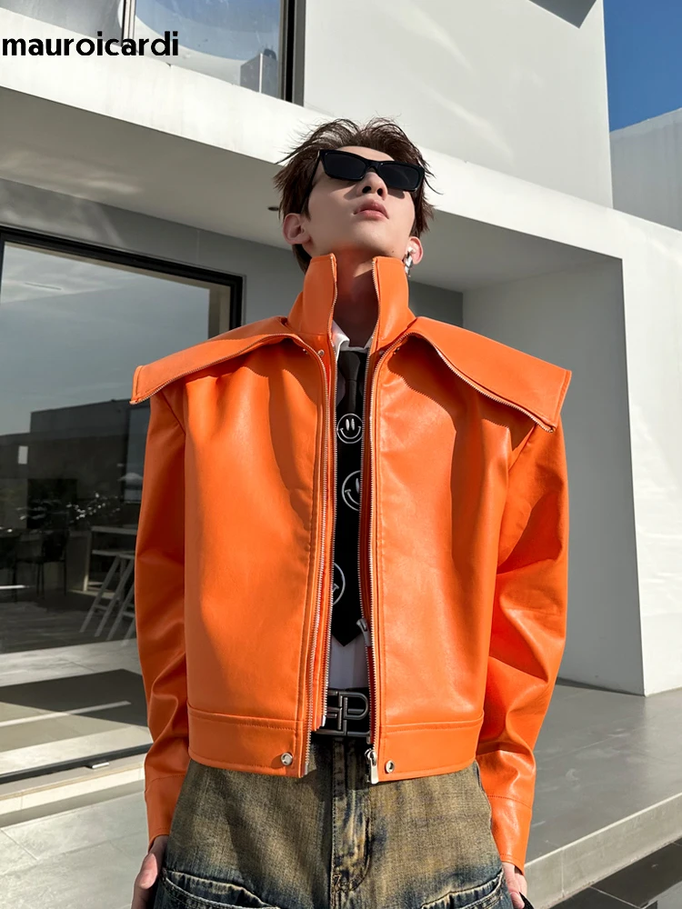 Mauroicardi Spring Autumn Cool Oversized Short Black Orange Soft Faux Leather Jacket Men Zipper Luxury Designer Clothes Fashion