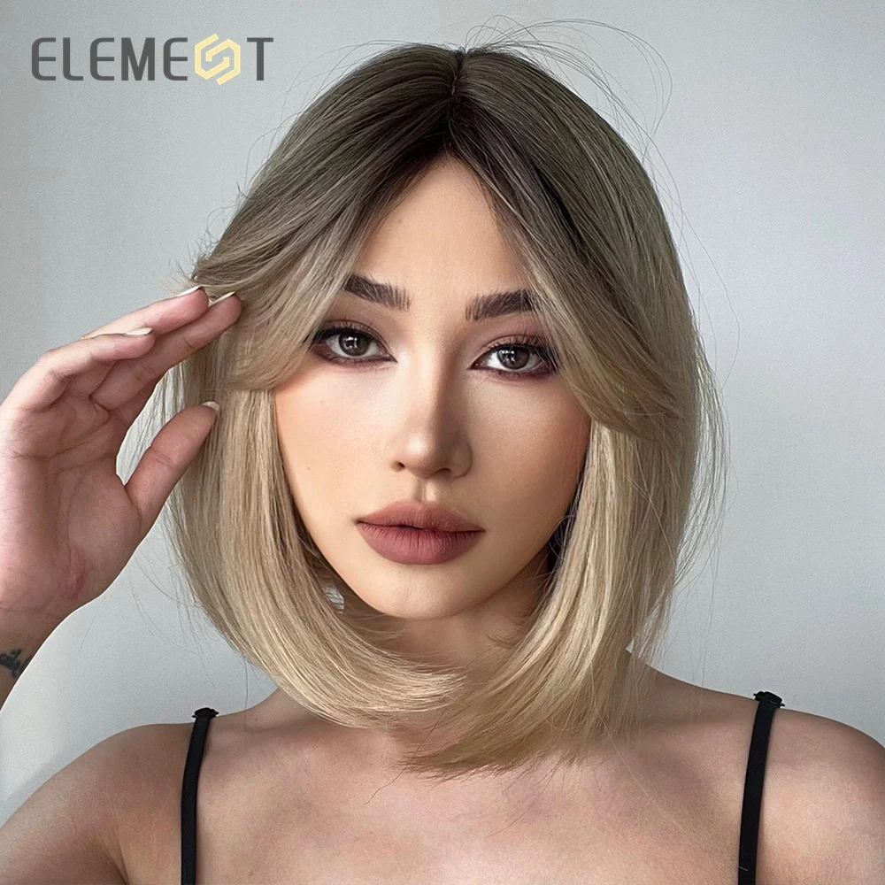 ELEMENT Synthetic Short Straight Wig Black Ombre Blonde Bob Wigs with Bangs for Women Cosplay Party Daily Hair Headband