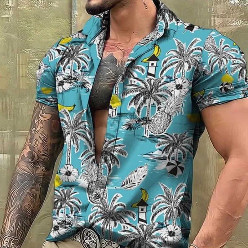 Summer Men's Lapel Single Breasted Cardigan Graffiti Plant&Flowers Printed Short Sleeved Tee Shirt Fashion Casual Vacation Tops