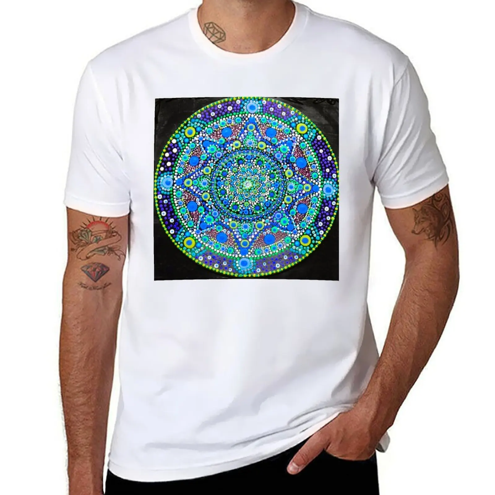 

Mandala Blue Green Starburst: Waves of Tranquility Mandala T-Shirt t shirts for man cotton anime tshirt T-Shirt