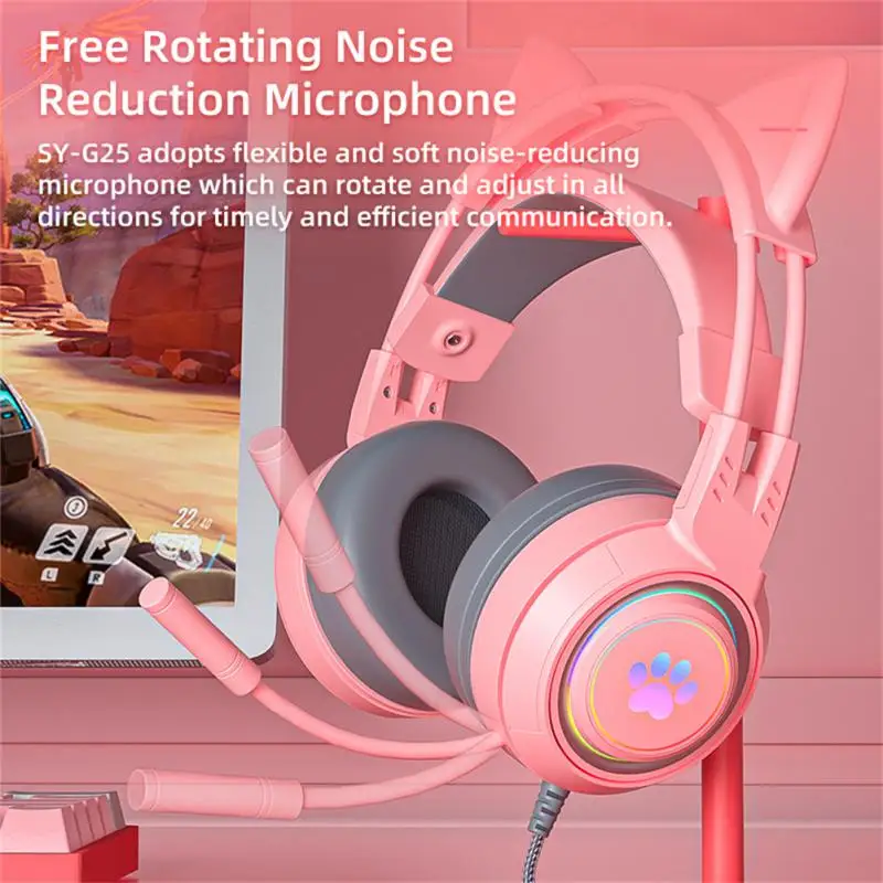 QearFun HiFi Stereo PC Headset Gamer Cat Headphones with Microphone RGB Light for Laptop Phone Wired Earphone