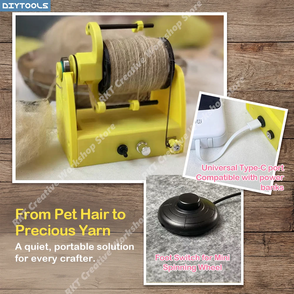 Compact Versatile Spinning Wheel Home Use Electric Yarn Anytime Anywhere Mini Spinner Holder Hair Winding Twist Pet Cat Dog Fur