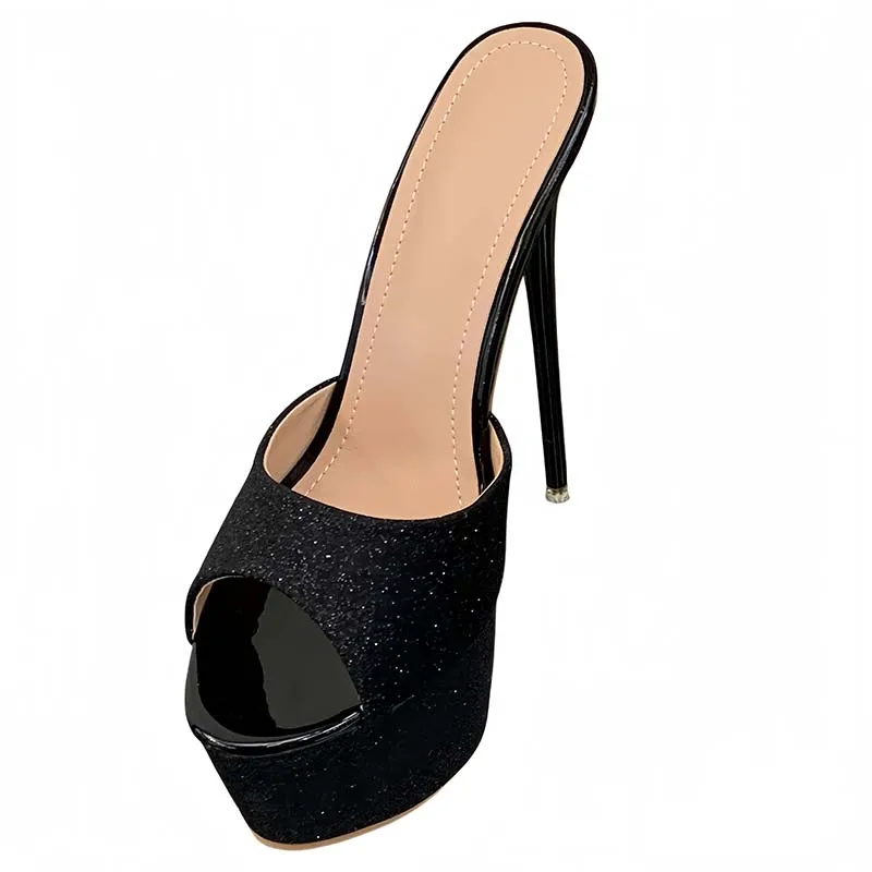 

16cm Stiletto Heels Slippers Silver Platform Sandals For Summer Sexy High Heels Size 46 Woman Nightclub Shoes Ladies Black Sanda