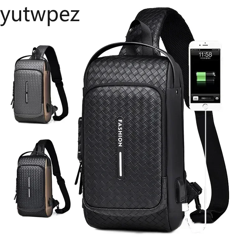 Portable USB Charging Port PU Shoulder Outdoor Sports Cycling Camping Climbing Crossbody Bag Men Fashion Chest Bag Anti-theft