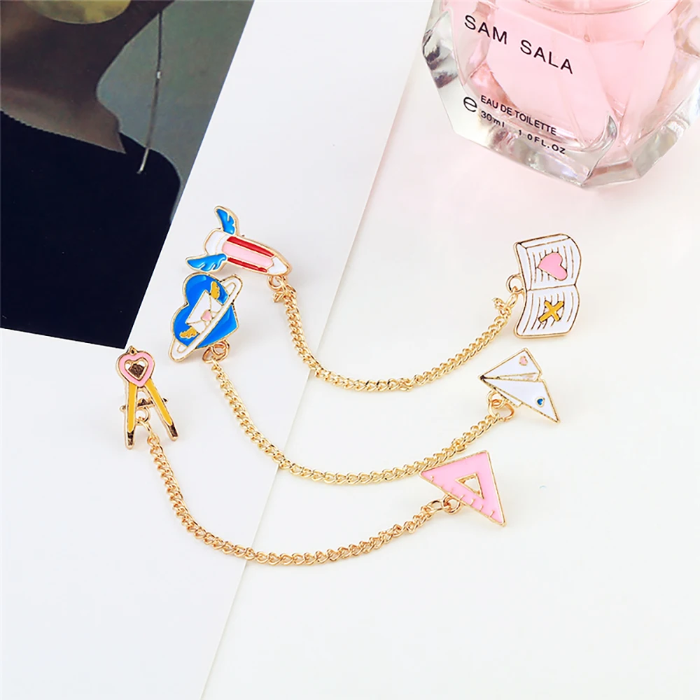 Cartoon Stationery Enamel Pin for Student Creative Rainbow Pen Pencil Ruler Chain Brooches Children Backpack Lapel Badge Jewelry